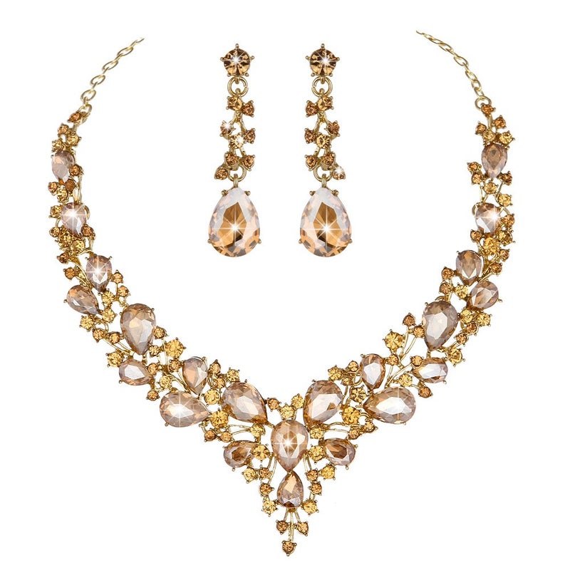 Molie Bridal Austrian Crystal Necklace and Earrings Jewelry Set Gifts fit with Wedding Dress(Champagne) - Image 1